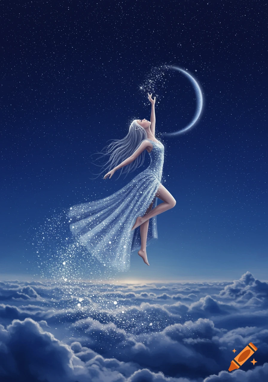 A magical woman in a sparkling dress rises into a starry night sky with a crescent moon and clouds below, fantasy art.
