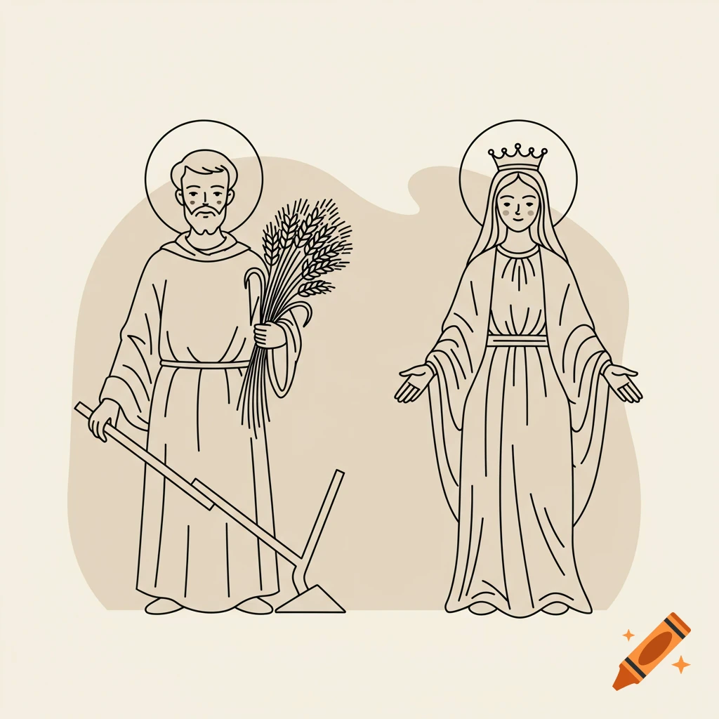 Minimalist line art illustration of Saint Isidore the Laborer holding wheat and a hoe, and the Virgin Mary with a crown and outstretched hands.