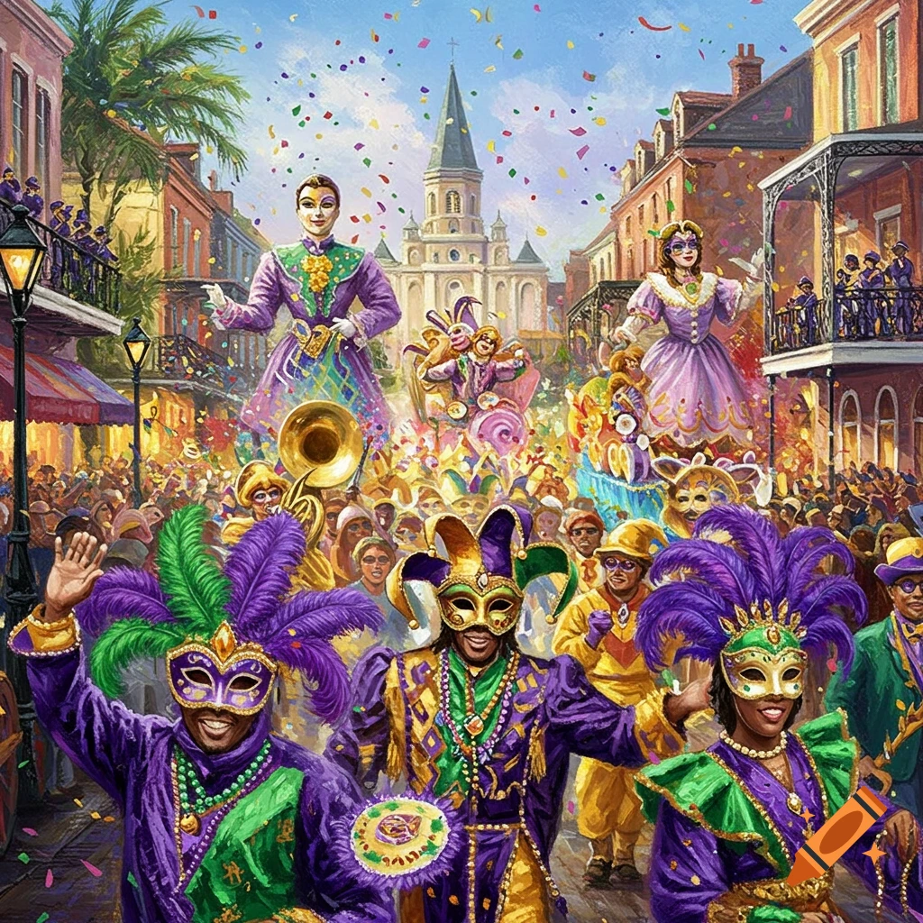 Vibrant Mardi Gras parade with people in colorful purple, green, and gold costumes and masks, confetti falling, and a historic church in the background.