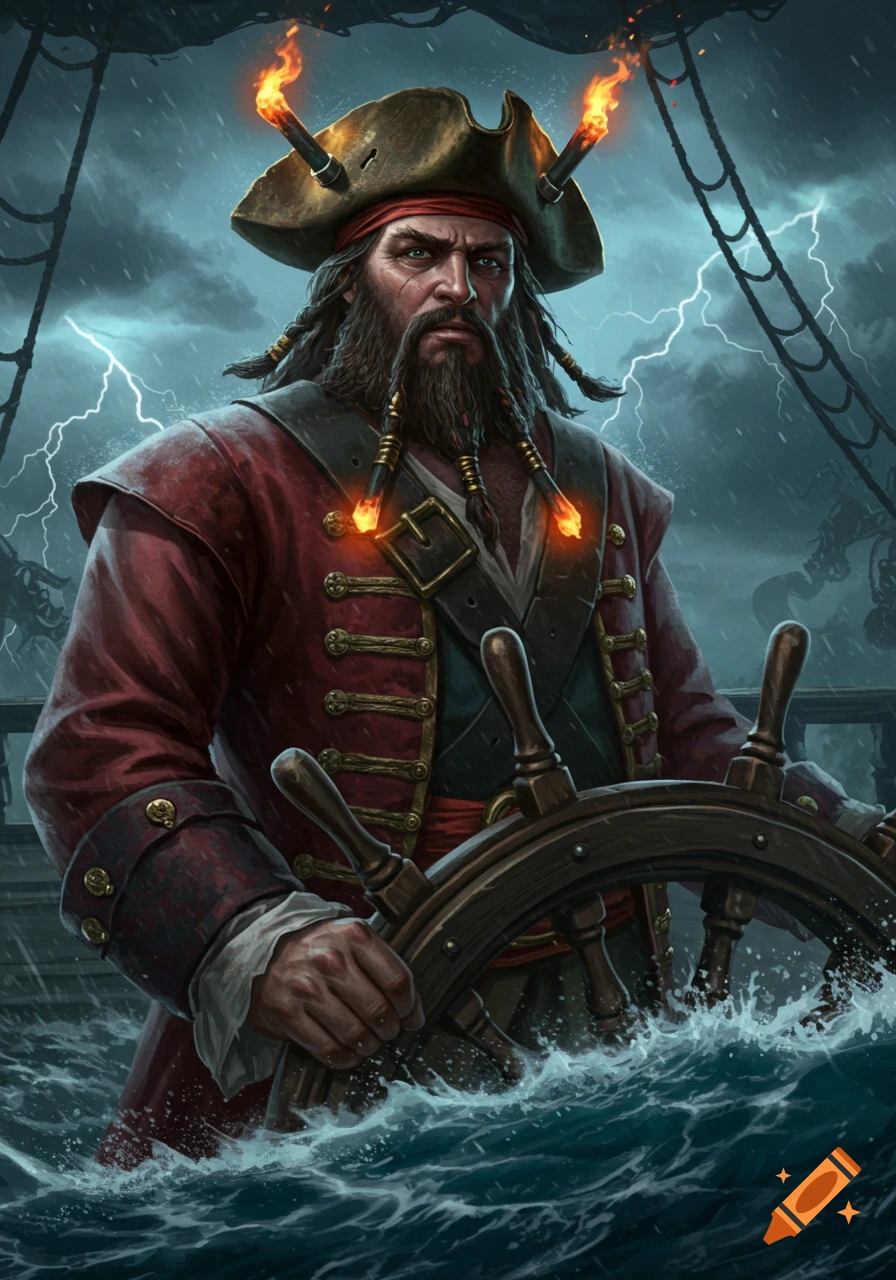 A rugged pirate captain with a beard and tricorne hat steers a ship's wheel in stormy seas under a lightning-filled sky. Detailed illustration.