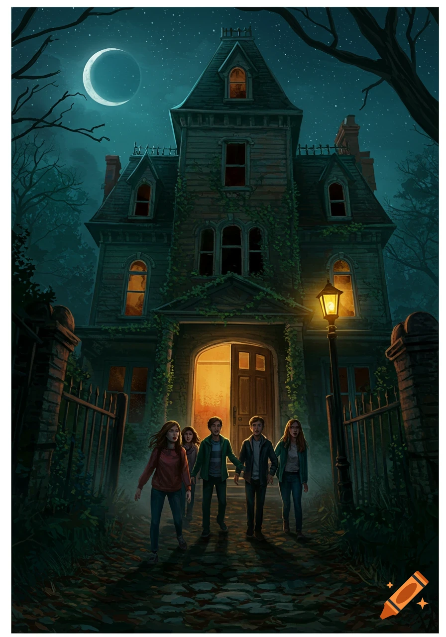 Five teenagers with worried expressions approach a large, vine-covered haunted house at night, under a crescent moon. Digital illustration.