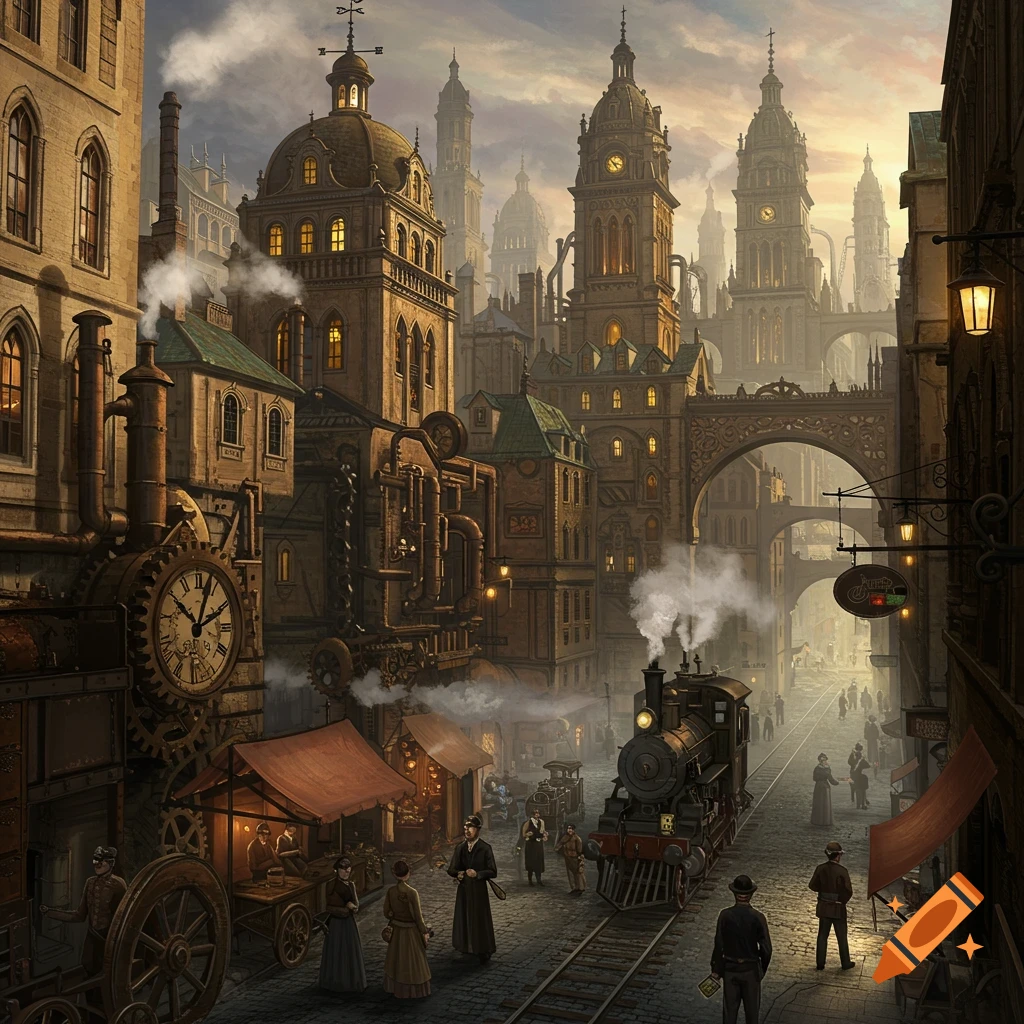 A highly detailed, bustling steampunk city street scene with a train on tracks, towering gothic buildings, and people.