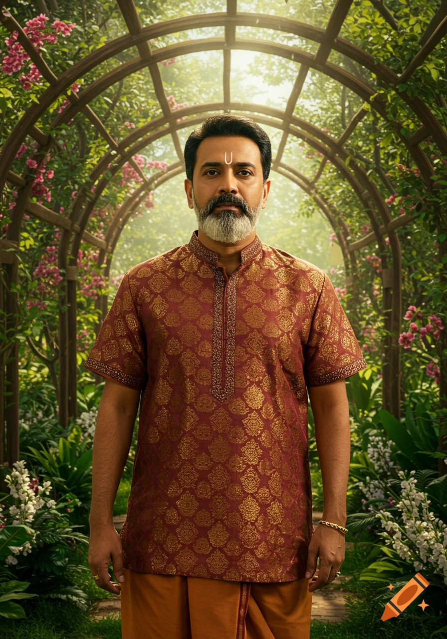 Photorealistic portrait of a man in traditional Indian attire, with a gray beard and tilak, standing in a lush garden archway.