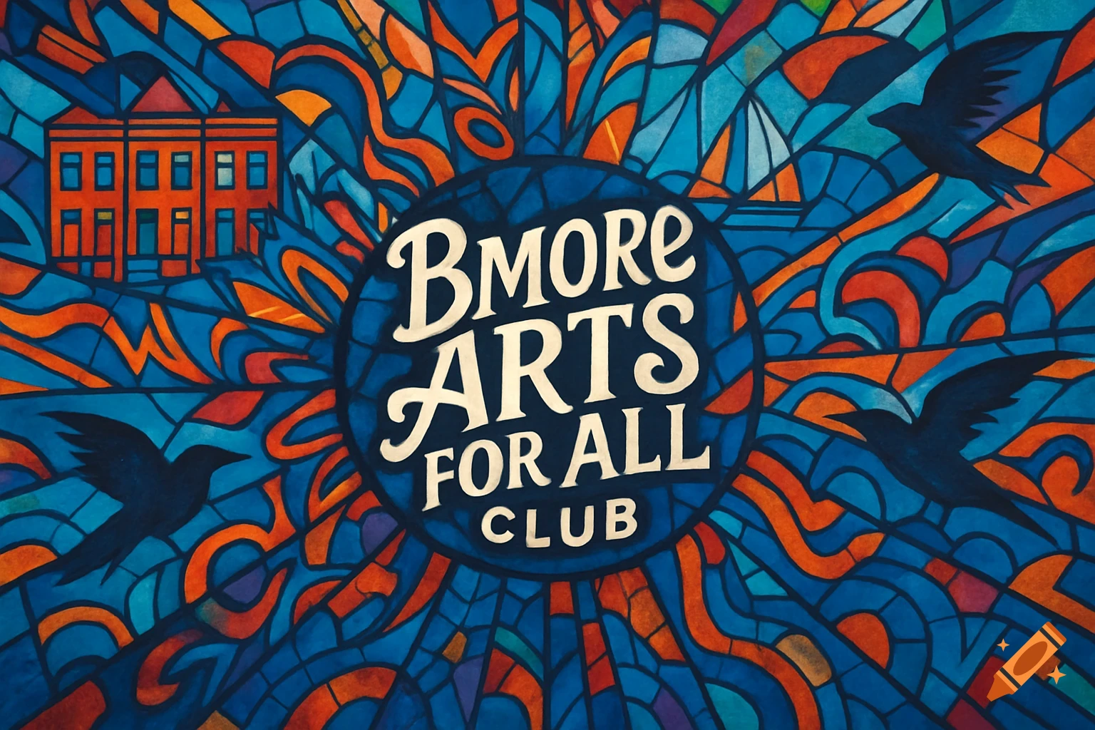 Stained glass style logo for 'Bmore Arts for All Club' featuring an orange building and three flying birds on a blue background.