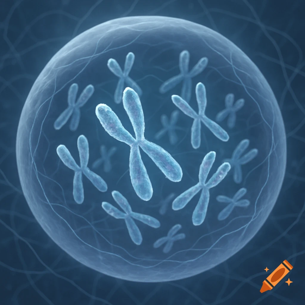 Blue X-shaped chromosomes floating inside a translucent cell nucleus against a dark background.