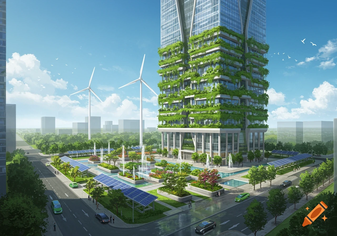A large, modern skyscraper covered in green plants stands in a city with wind turbines, solar panels, and fountains.