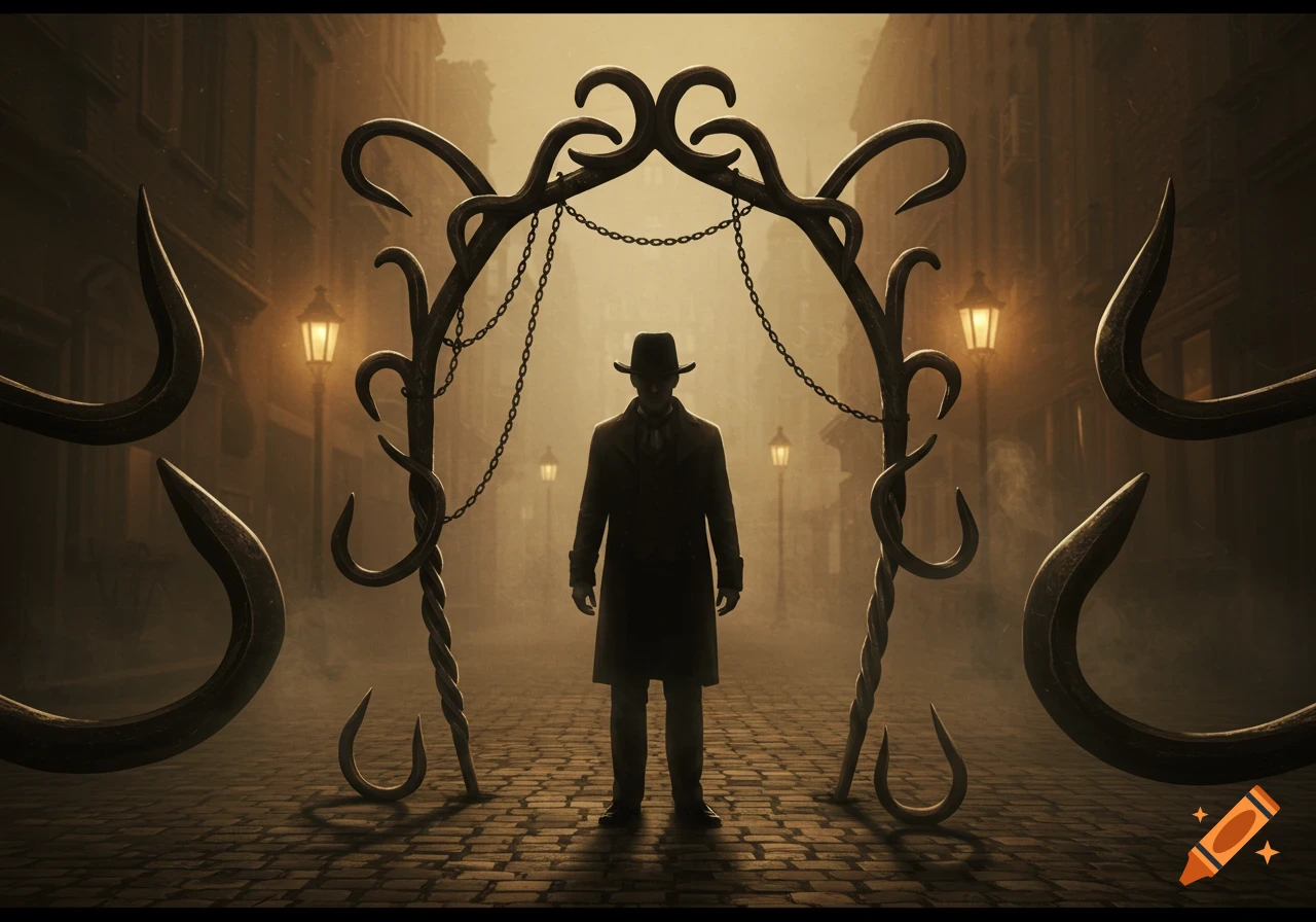 A shadowy man in 1800s attire stands in a foggy, gaslit cobblestone street, framed by large, twisted metal hooks.