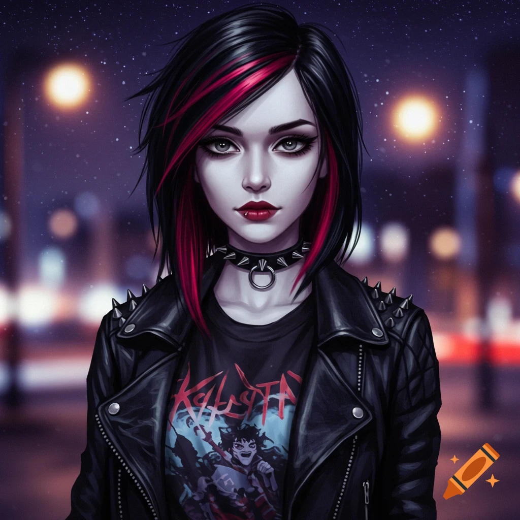 Stylized girl with black hair, red highlights, dark makeup, spiked choker, leather jacket, band t-shirt, city night background.