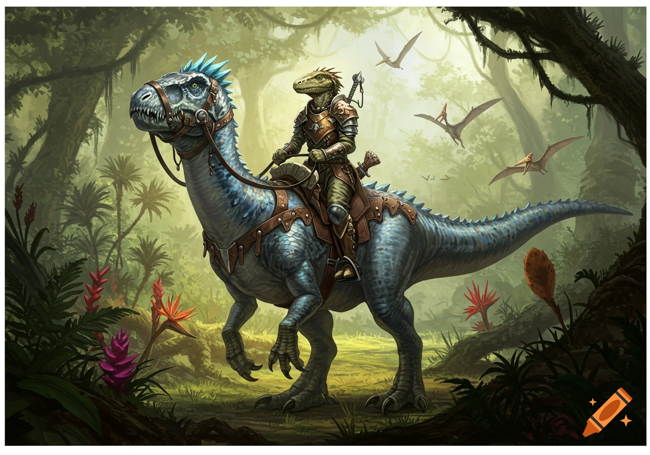 A reptilian warrior rides a blue dinosaur through a lush jungle with flying pterosaurs, detailed fantasy illustration.