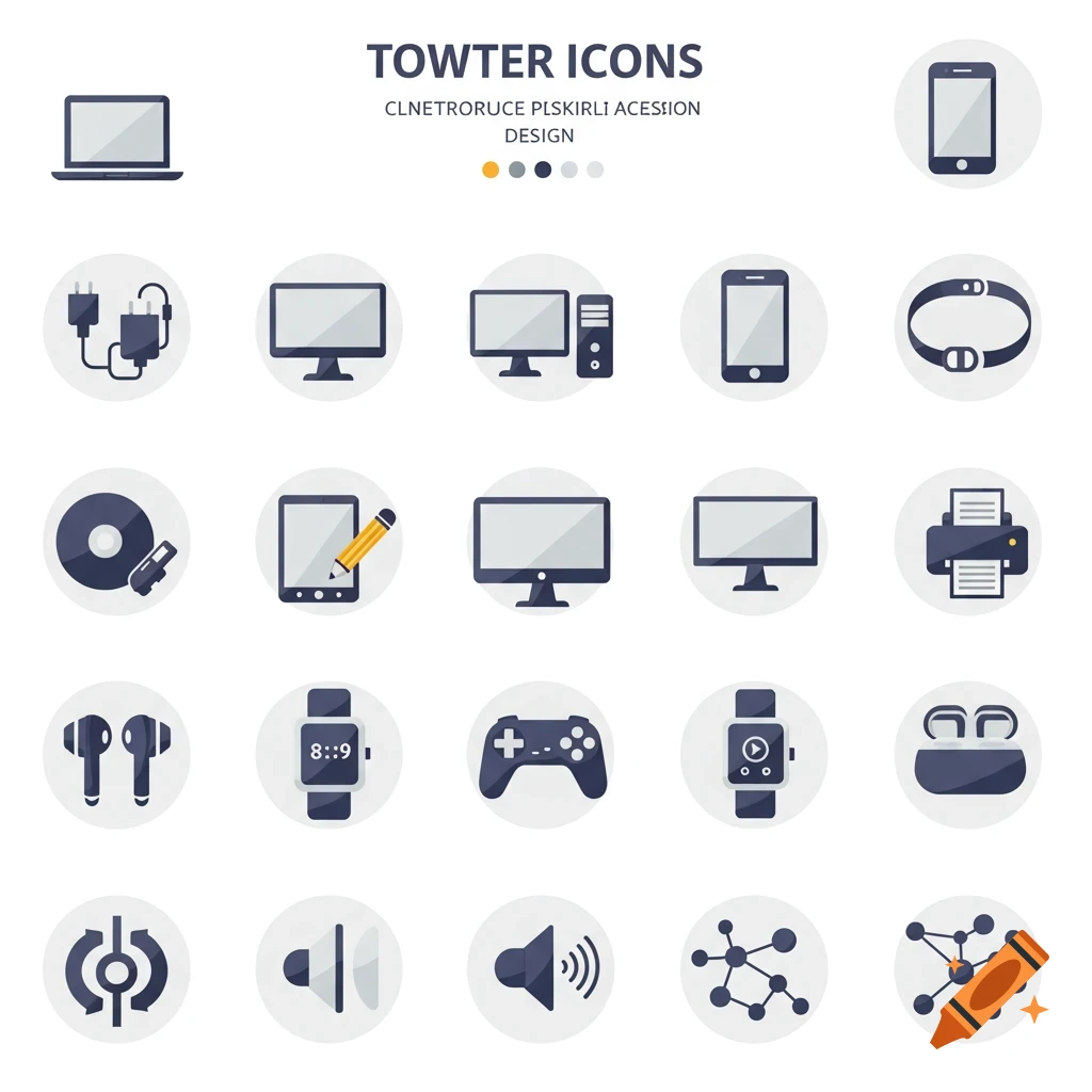 A grid of flat design icons for various electronic devices and technology categories, including laptops, monitors, phones, earbuds, smartwatches, and network symbols, on a white background.