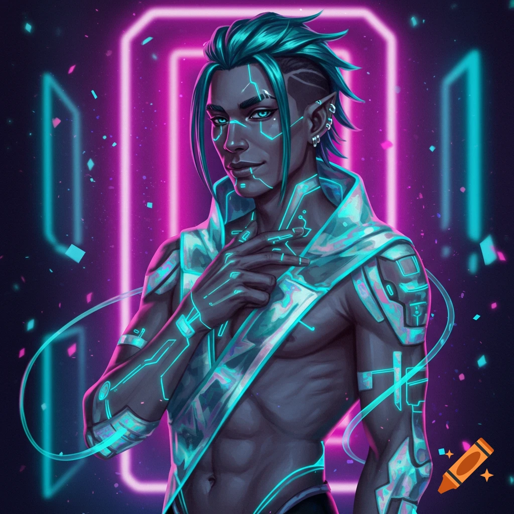 A futuristic man with teal hair and glowing blue circuit patterns on his dark skin, wearing a translucent top, against a neon background.