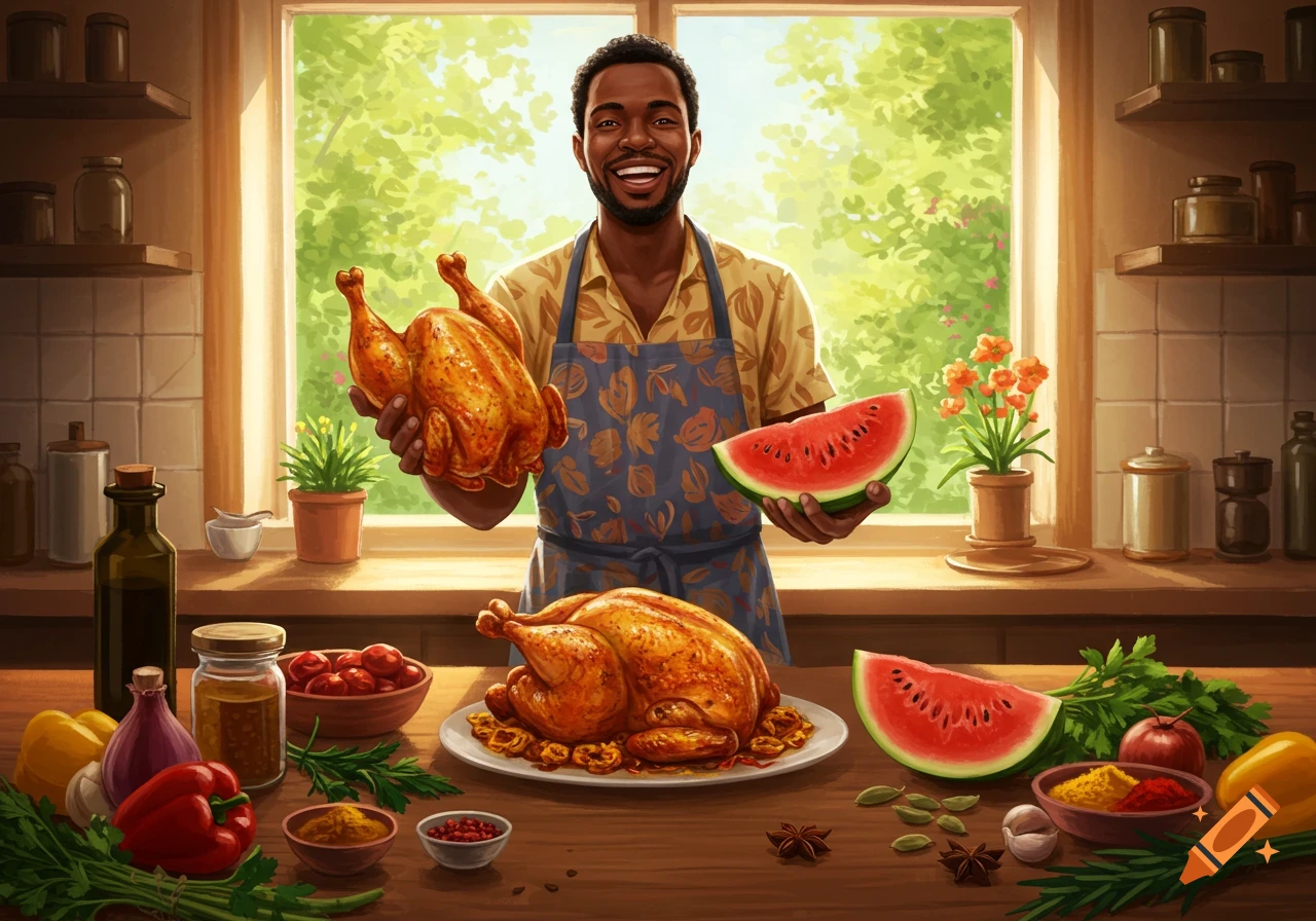 A smiling black man in an apron holds a cooked chicken and watermelon in a vibrant kitchen full of food.