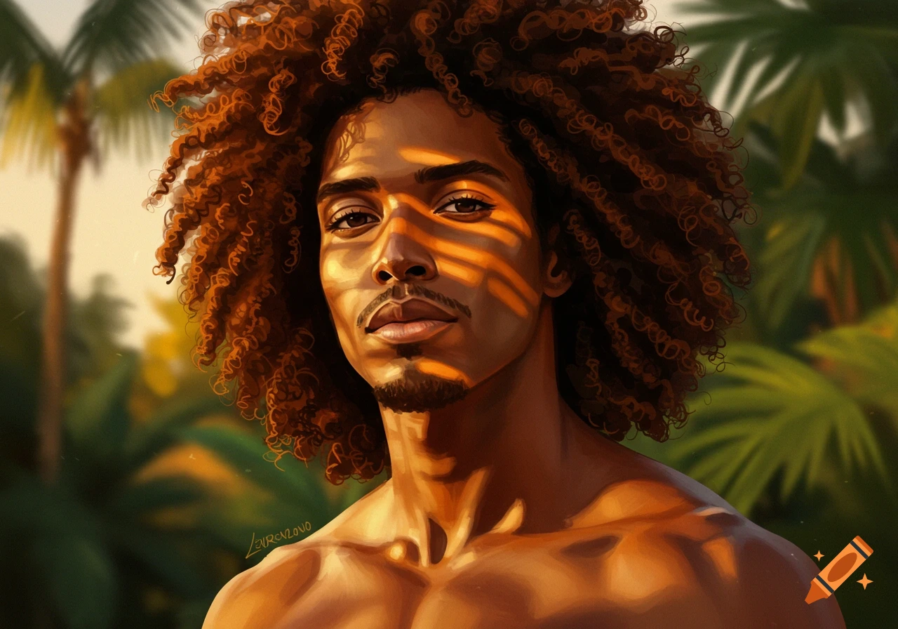 An illustrative portrait of a caramel-skinned man with curly hair and chiseled features, with sun stripes across his face, set against a blurred tropical background.