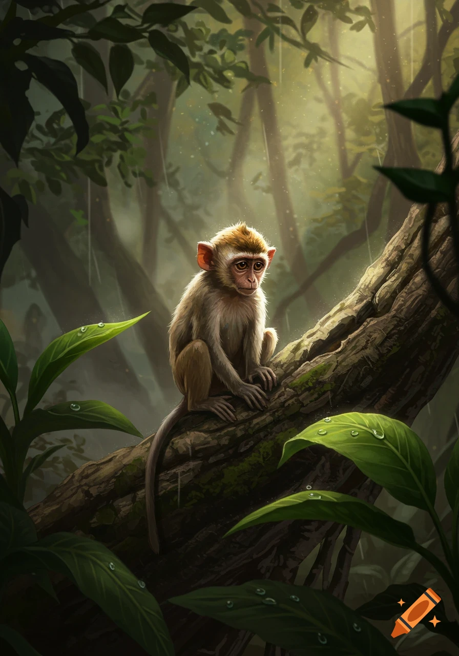 A young monkey sits on a mossy tree branch in a lush, misty jungle with light filtering through the canopy.