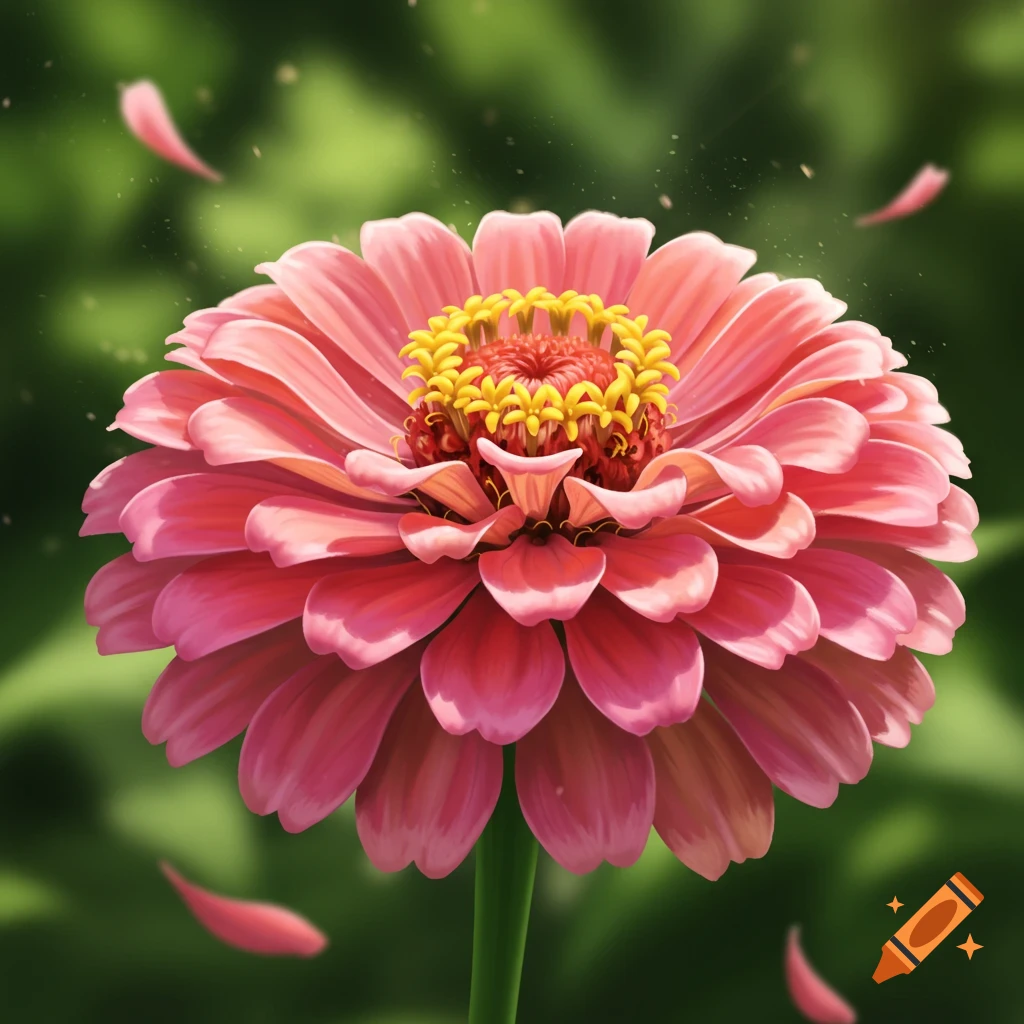 Close-up of a vibrant pink zinnia-like flower with a yellow center, against a blurred green background, with falling petals.
