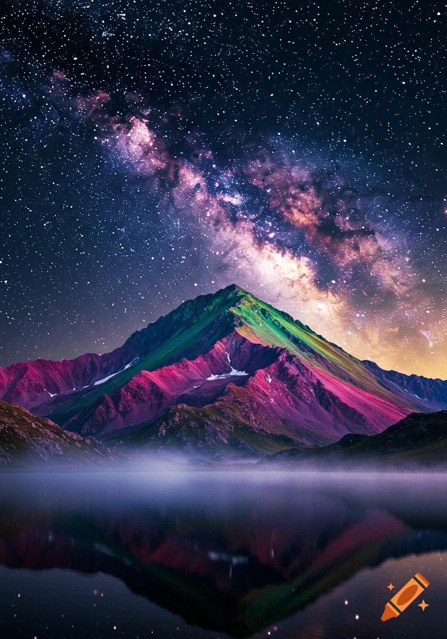 A vibrant, multicolored mountain range reflected in a calm lake under a starry night sky with the Milky Way.