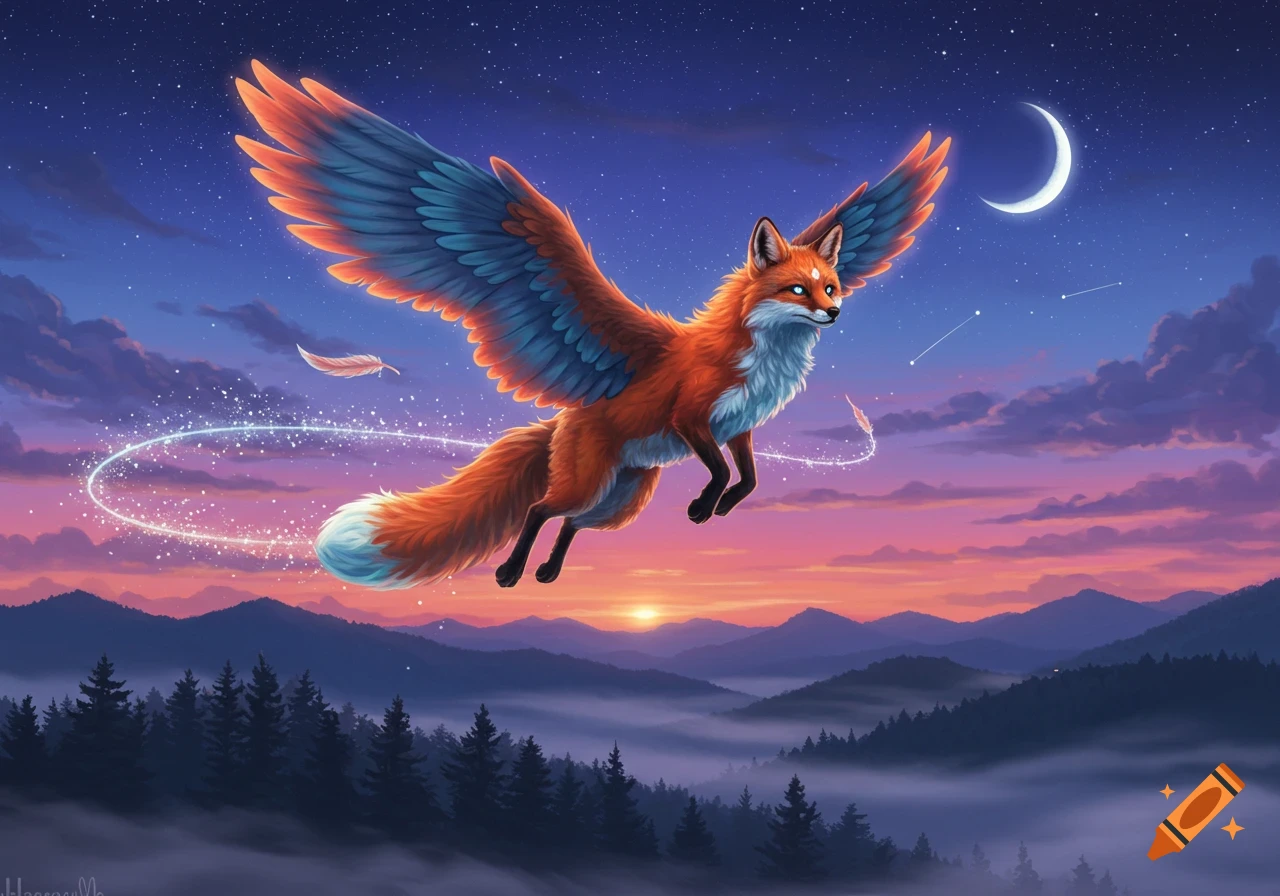 A vibrant winged fox with blue-tipped wings flies through a magical twilight sky above misty mountains and a forest at sunset.