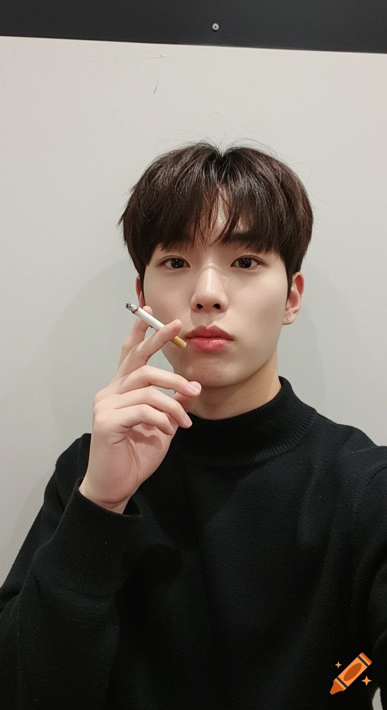A young Korean man in a black turtleneck holds a cigarette, looking directly at the camera in a close-up selfie.