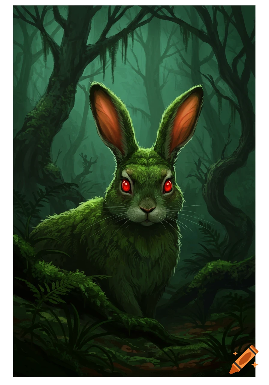 A moss-covered rabbit with glowing red eyes stares intently from a dark, overgrown forest.