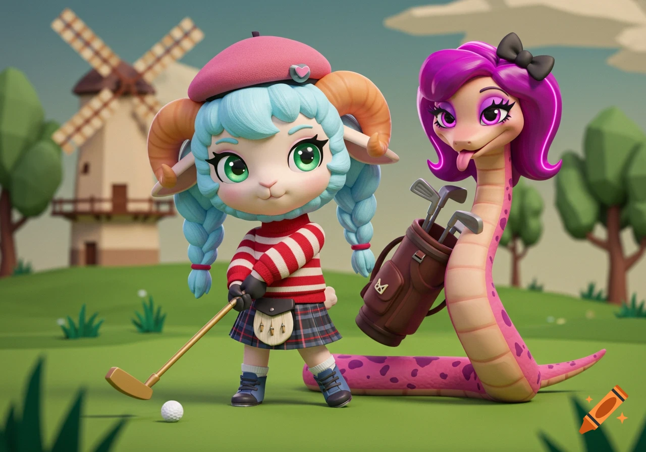 A chibi lamb in a beret and kilt plays golf while a pink cartoon snake with a golf bag watches on a low-poly golf course.