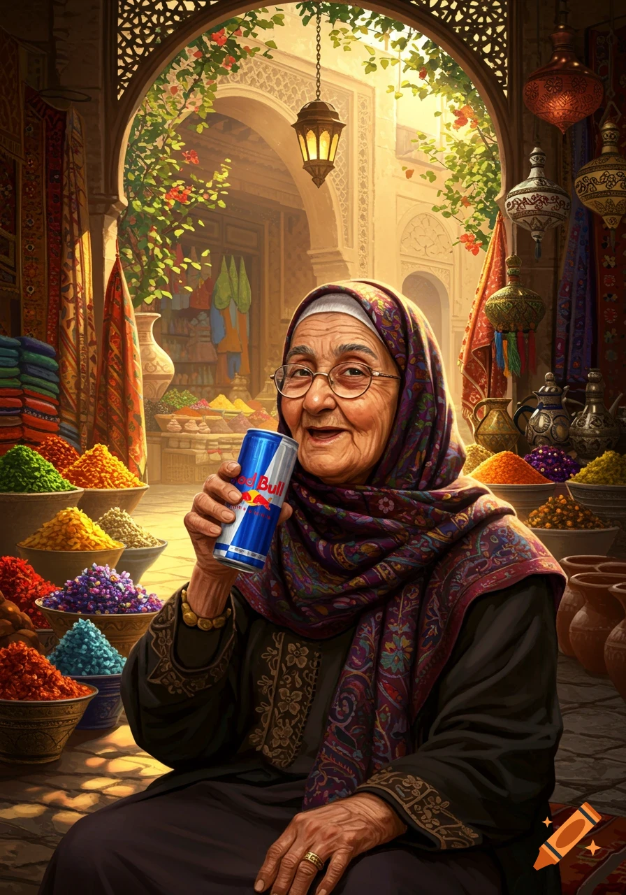An elderly woman in traditional attire smiles while drinking a Red Bull in a vibrant, sunny marketplace filled with spices and textiles.