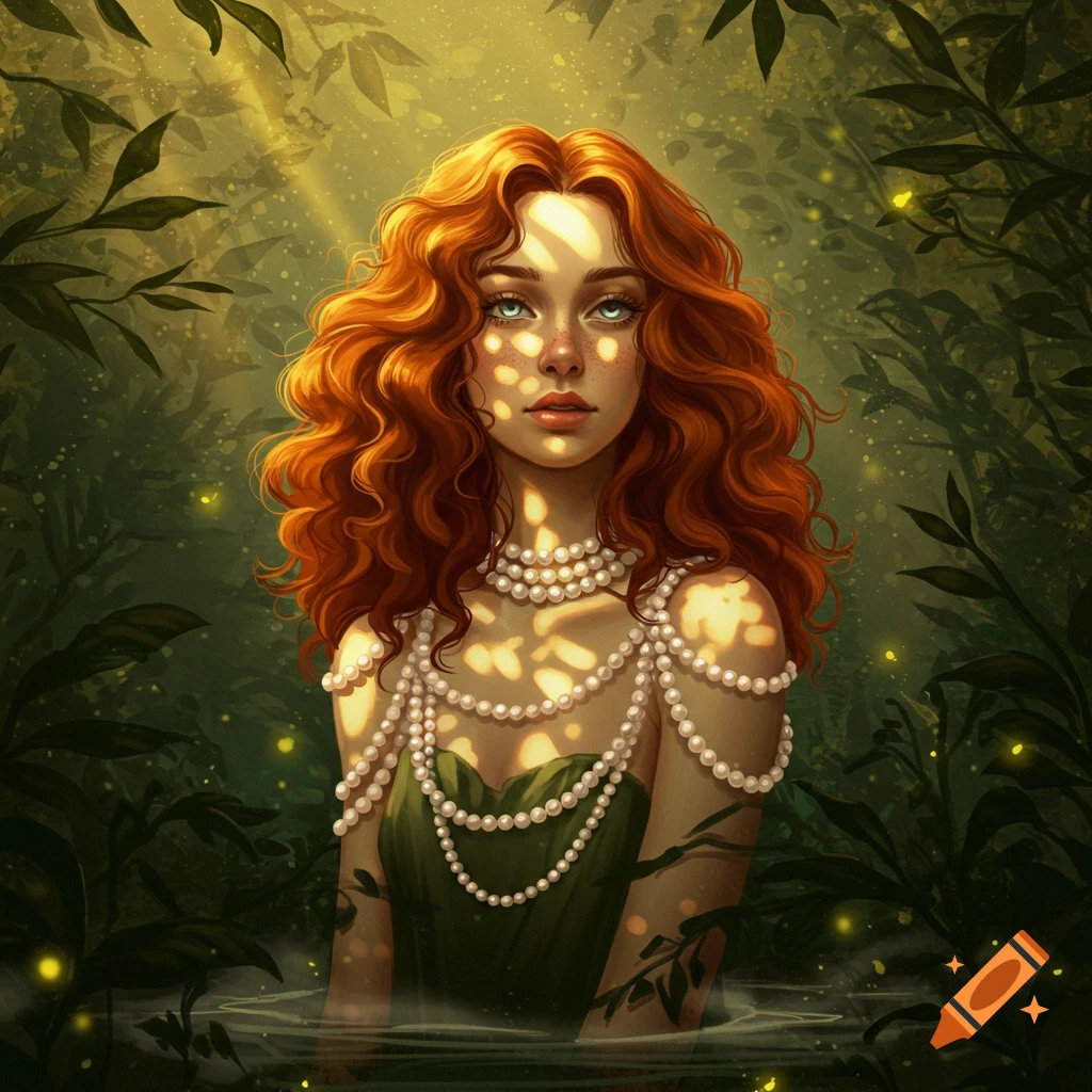Digital painting of a red-haired woman with green eyes, adorned with pearls, in a sun-dappled forest emerging from water.