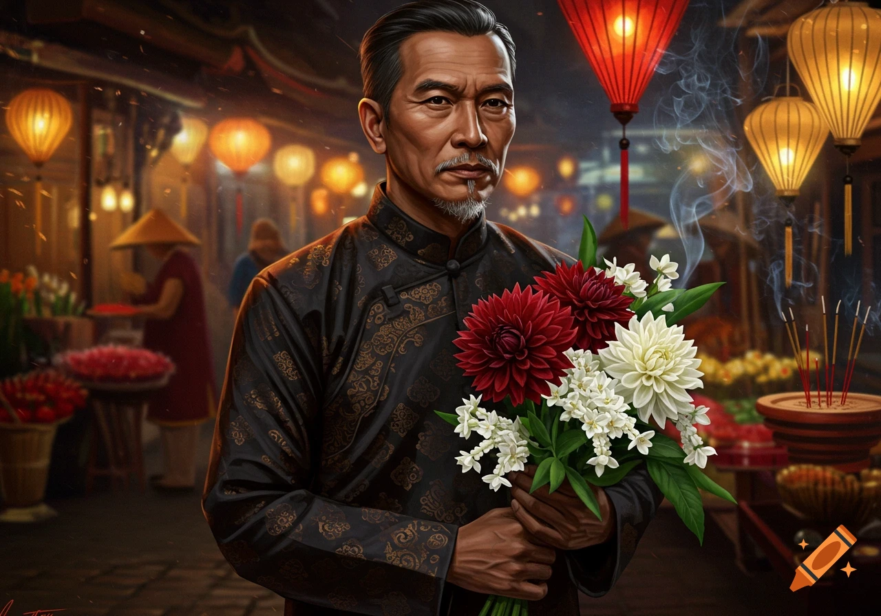 A photorealistic portrait of an older Asian man in traditional attire holding a bouquet of red and white flowers in a lantern-lit market.