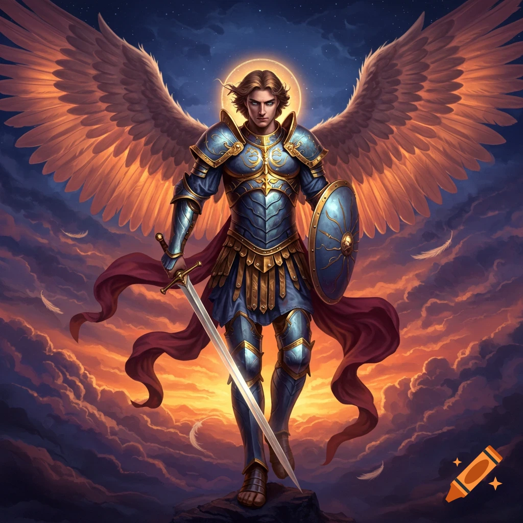 A majestic archangel in golden and blue armor stands on a rock, holding a sword and shield, against a dramatic sunset sky with clouds and falling feathers.
