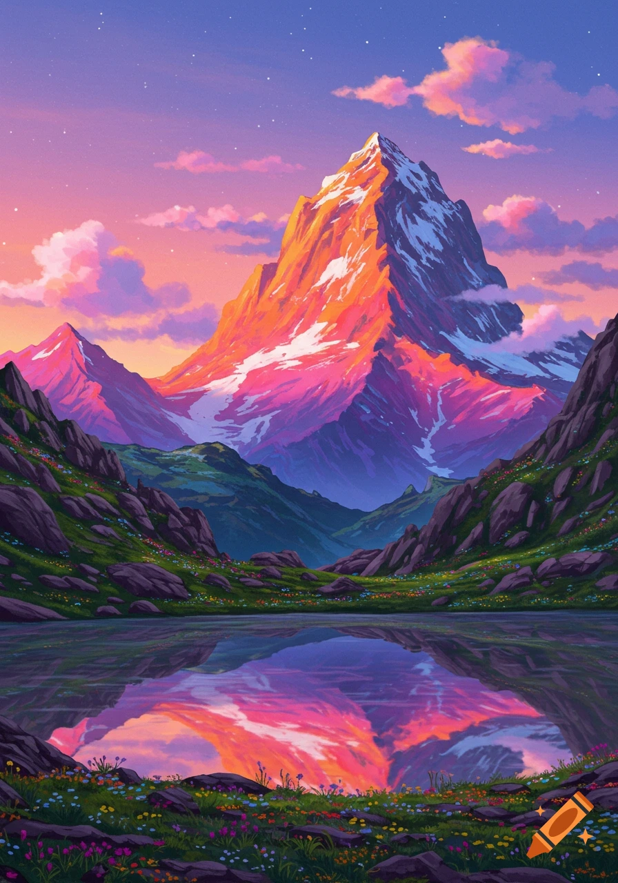 A vibrant, colorful mountain landscape with a snow-capped peak reflecting in a still lake under a pink and purple sky.
