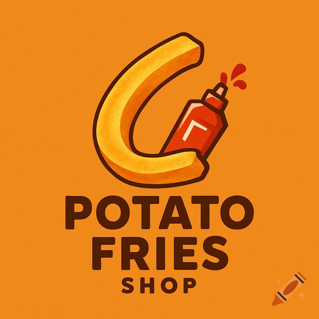 Logo for Potato Fries Shop featuring a french fry shaped 'C' with a ketchup bottle, text 'POTATO FRIES SHOP' on an orange background.