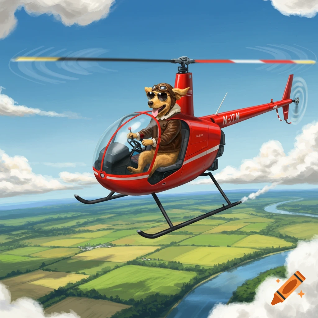 A cartoon dog in a pilot's outfit and sunglasses flies a red helicopter over a green, patchwork landscape with a winding river under a blue sky.