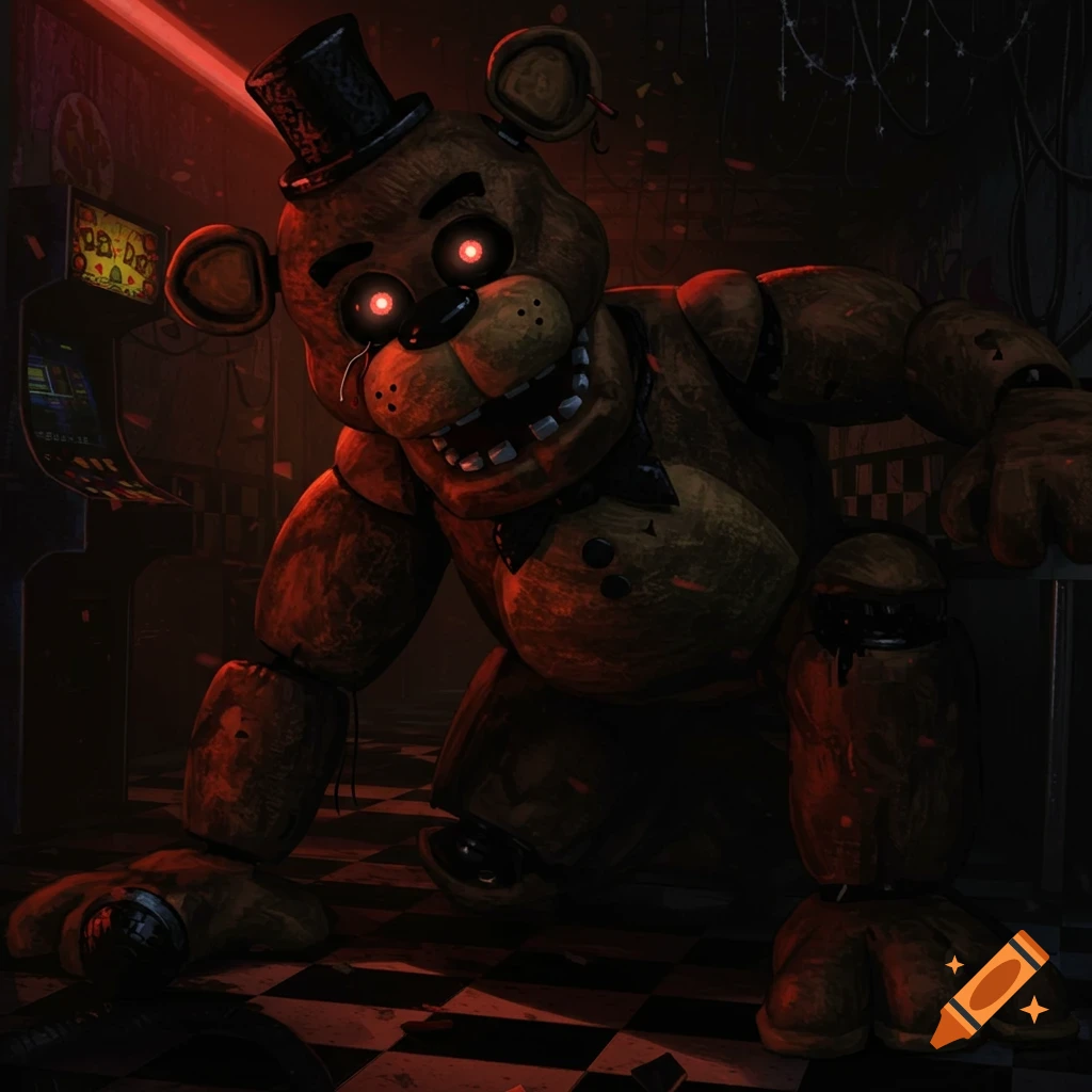 A menacing Freddy Fazbear animatronic with glowing red eyes in a dark, dilapidated arcade.
