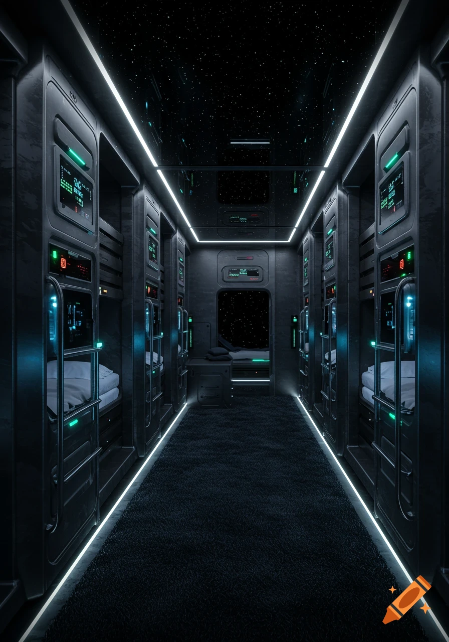 A dark, futuristic spaceship interior with a long hallway lined with illuminated sleeping pods, looking out into space.