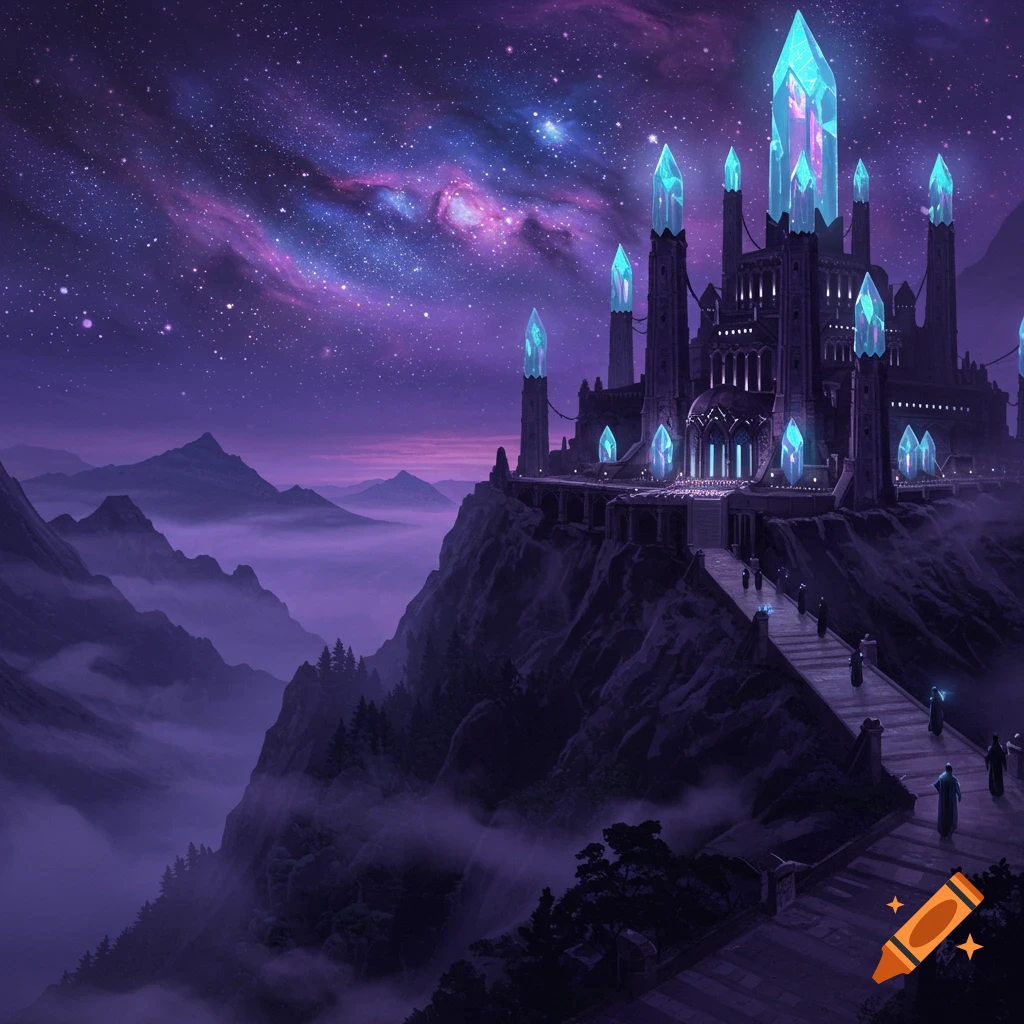 A grand dark fantasy castle adorned with glowing blue crystals on a mist-shrouded mountaintop under a vibrant purple galaxy sky.