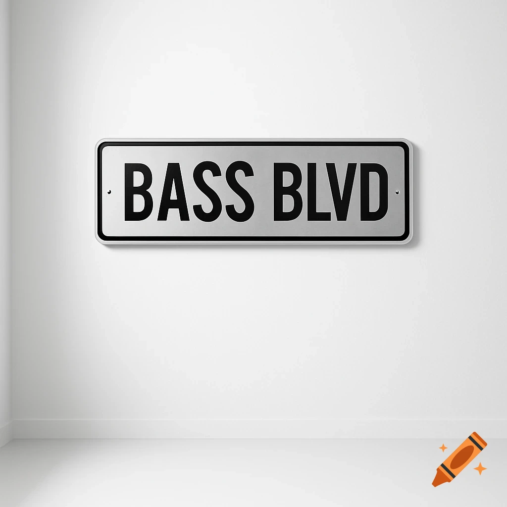 A silver street sign with 'BASS BLVD' in black letters is mounted on a white wall in a minimalist white room.