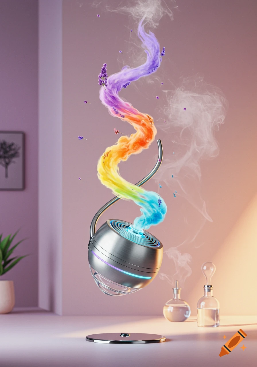 A futuristic silver spherical device floats, emitting a swirling rainbow smoke and lavender sprigs, above a silver base on a table.
