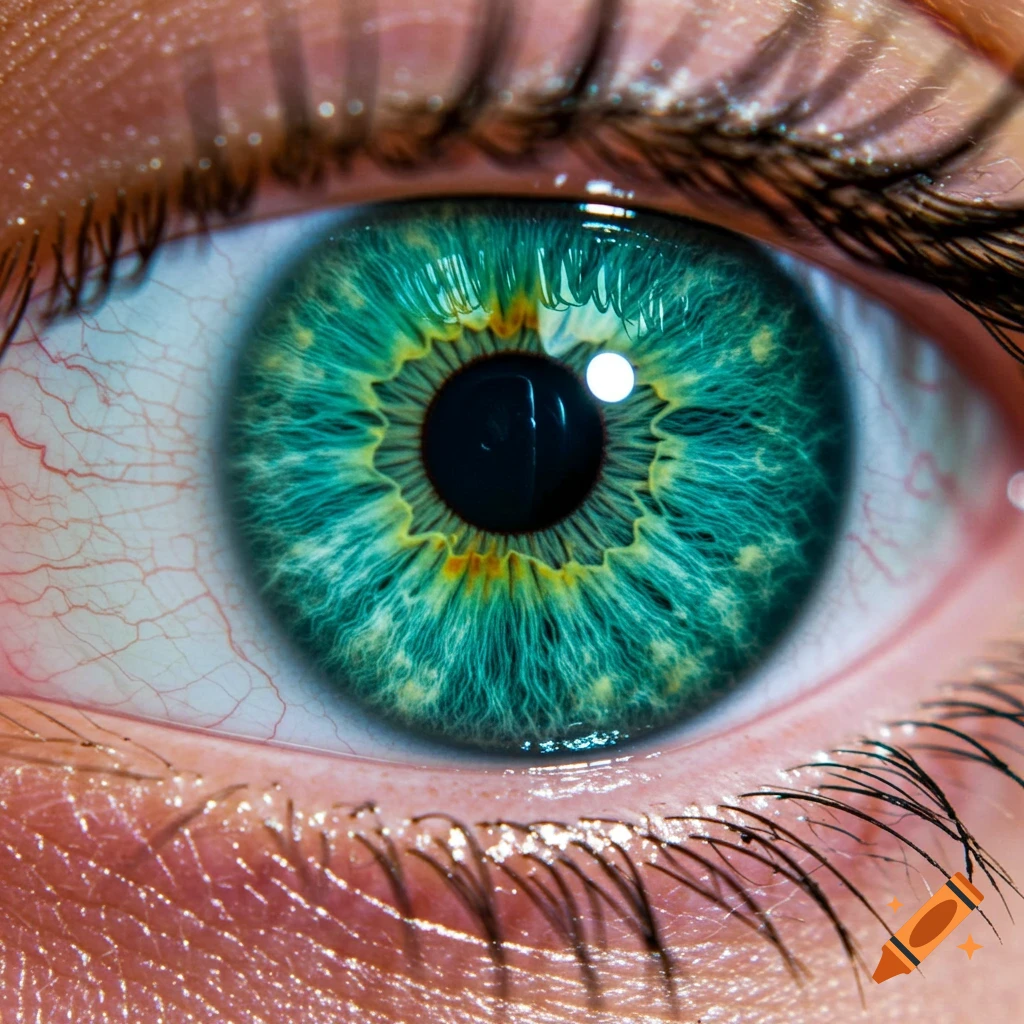 Photorealistic macro close-up of a human eye with a vivid greenish-blue iris and visible blood vessels.