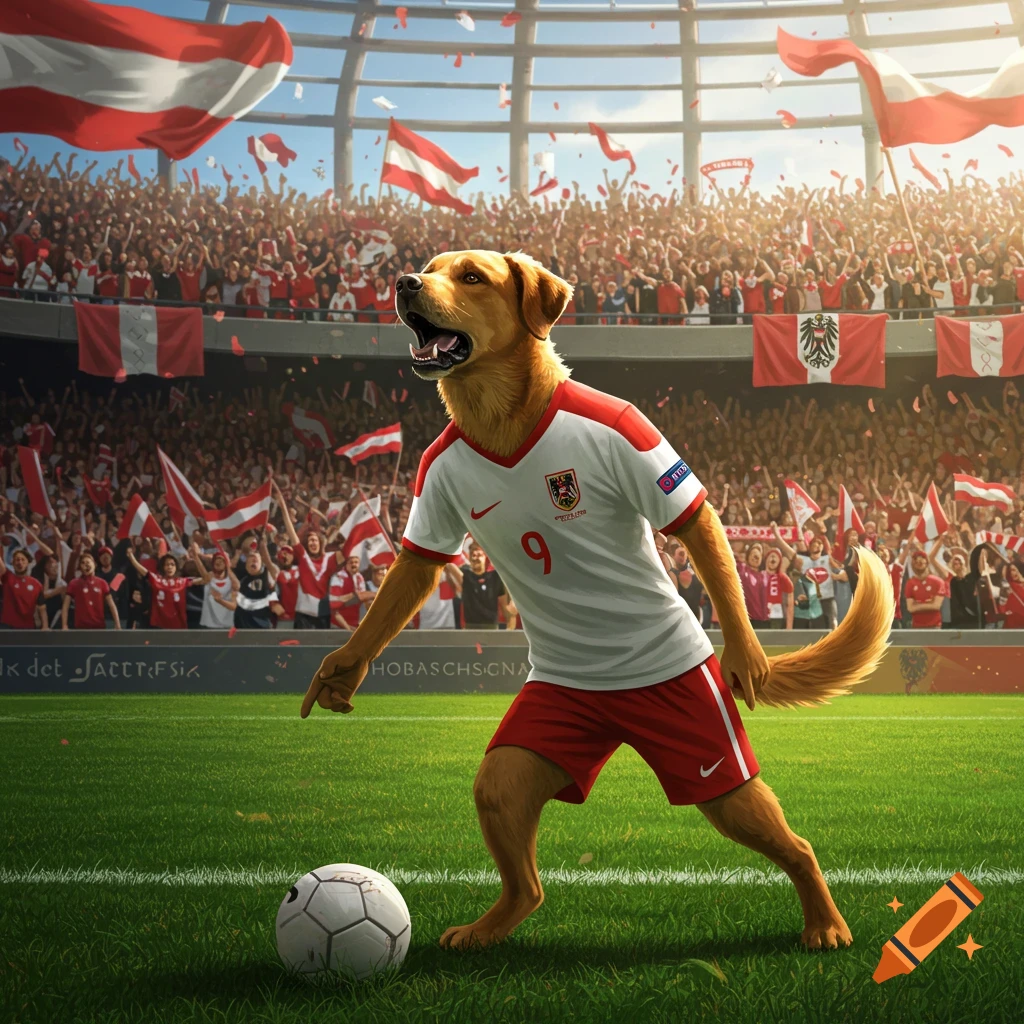 A golden retriever dog in a white and red soccer uniform plays football on a stadium field with a cheering crowd, Austrian flags, and confetti.