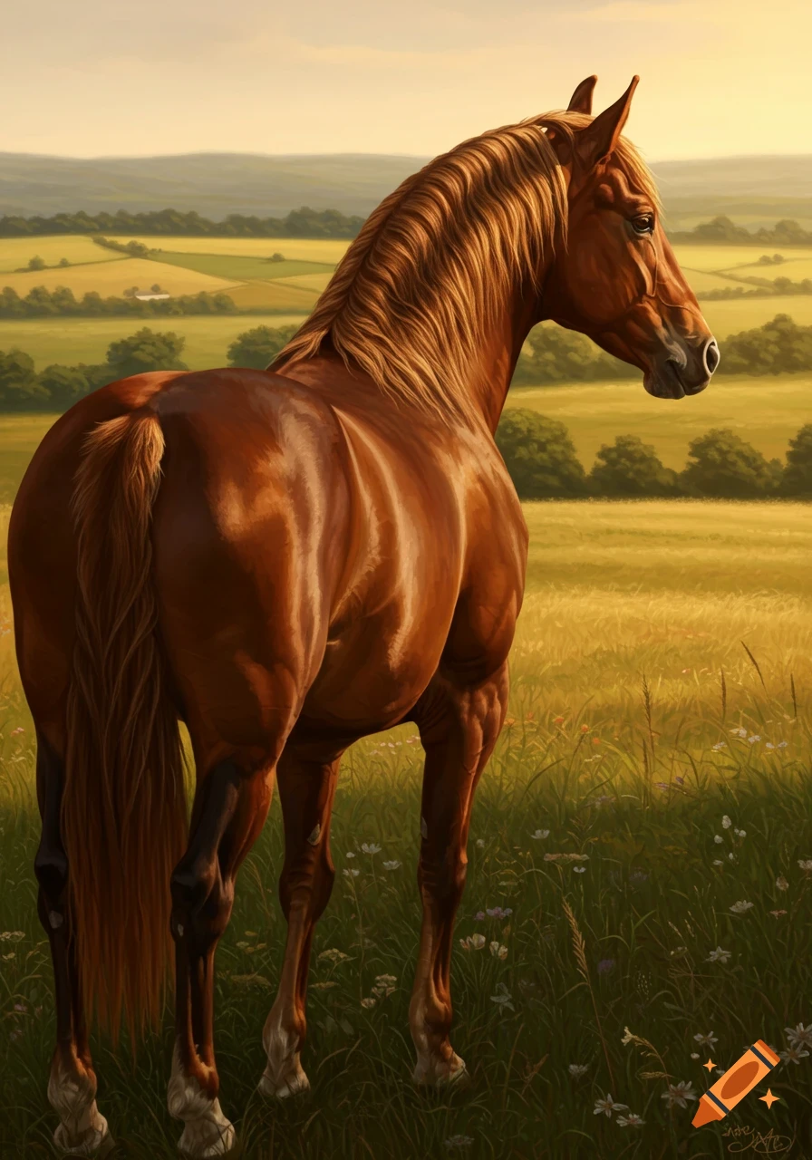 A brown horse stands in a sunlit grassy field, looking right, with rolling green hills in the background. Realistic painting.