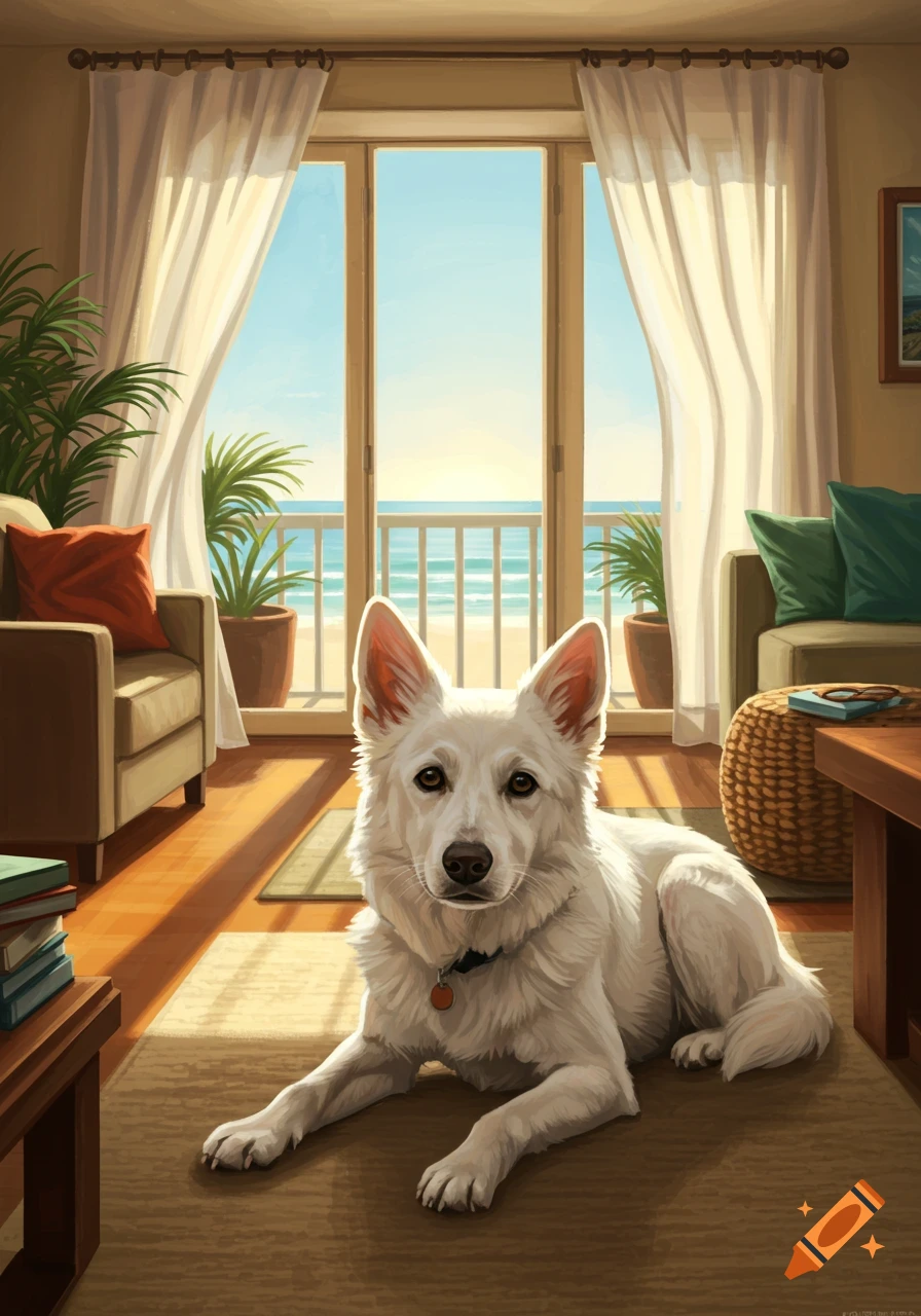 A white dog lies on a rug in a sunlit living room with a beach and ocean view, digital painting.