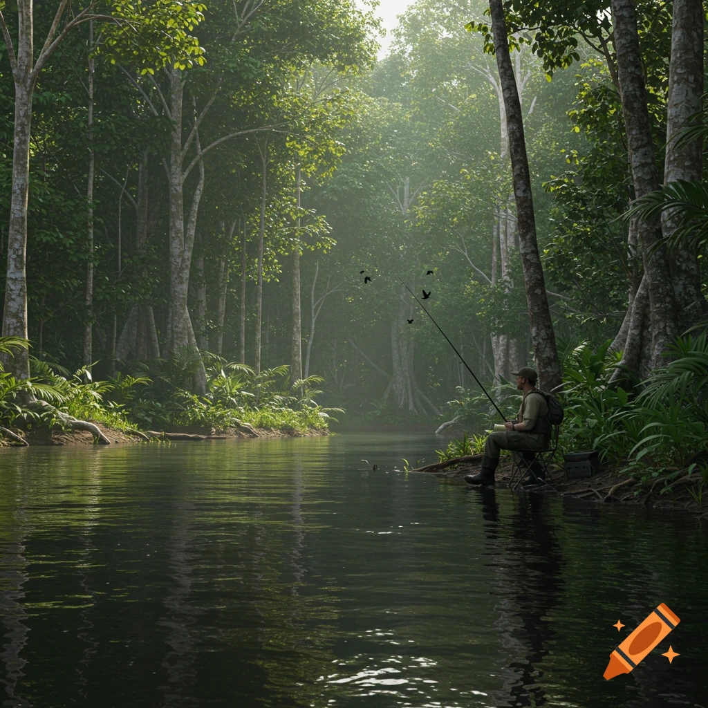 A man sits on a chair by a dark river, fishing in a dense, misty photorealistic Amazon rainforest.