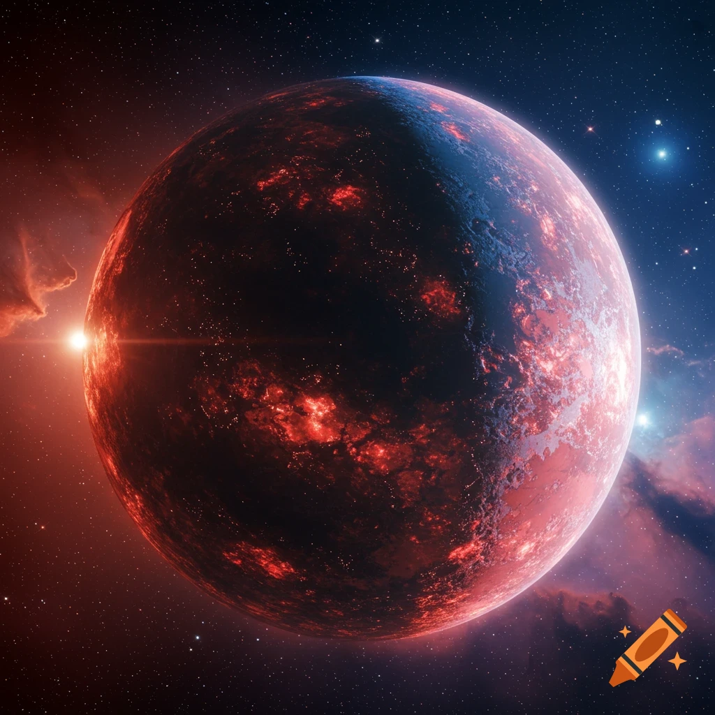 A fiery, volcanic planet glows with red and orange light, set against a backdrop of stars and cosmic dust in deep space.