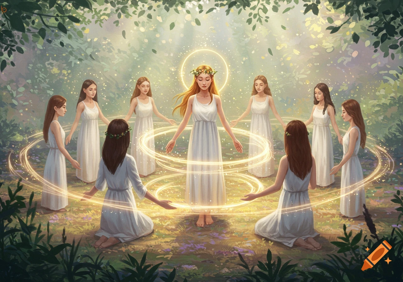 An ethereal illustration of women in white dresses forming a circle in a sun-dappled forest clearing, with glowing energy swirling around them.