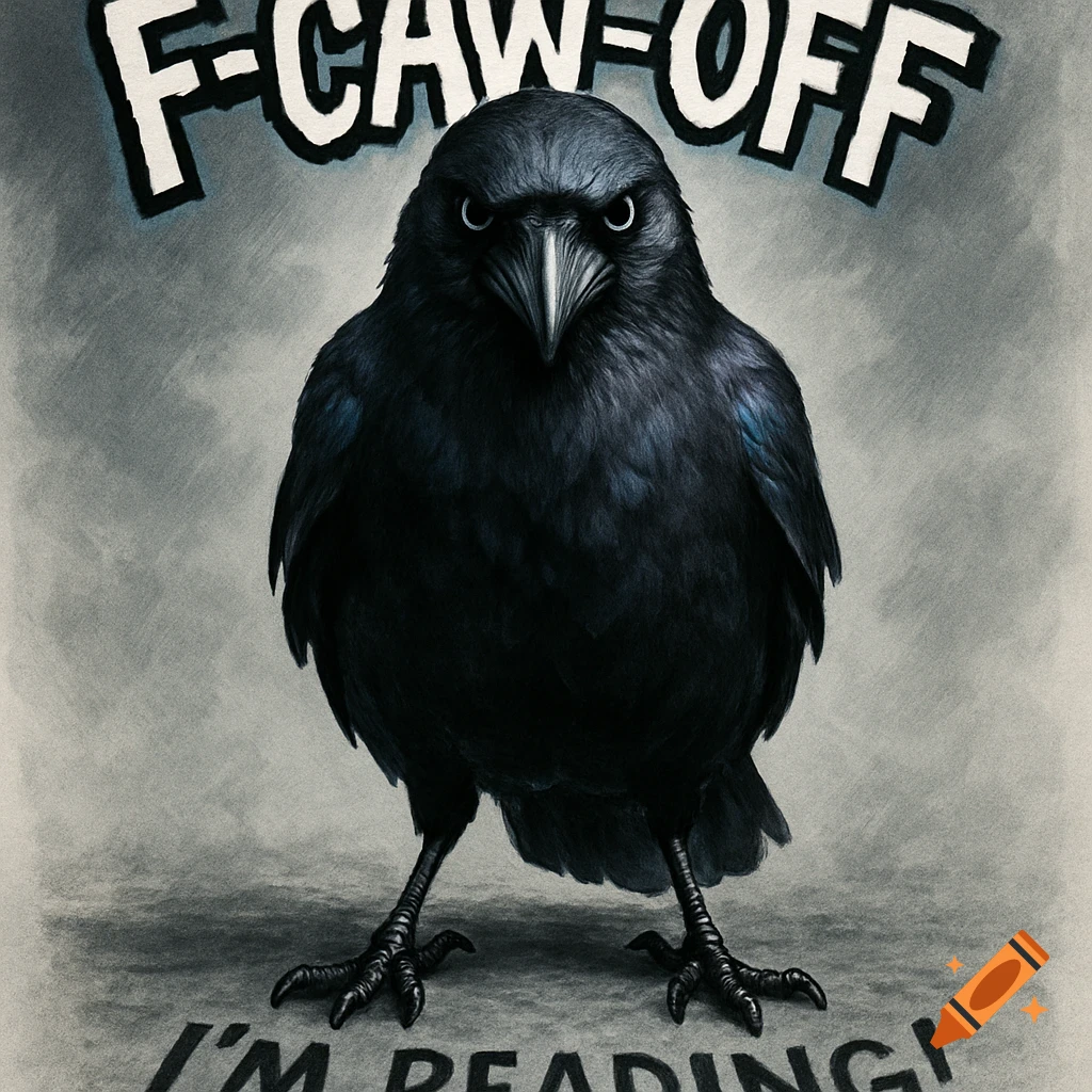 An intense black crow stares forward with text 'F-CAW-OFF' above and 'I'M READING!' below, in an illustrative style.