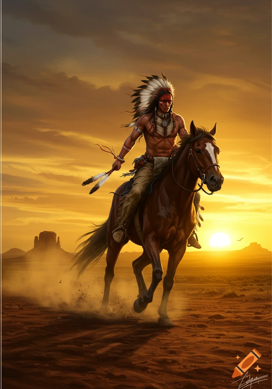 An Indigenous warrior in a feathered headdress rides a horse across a desert landscape at sunset, in a vibrant fantasy art style.
