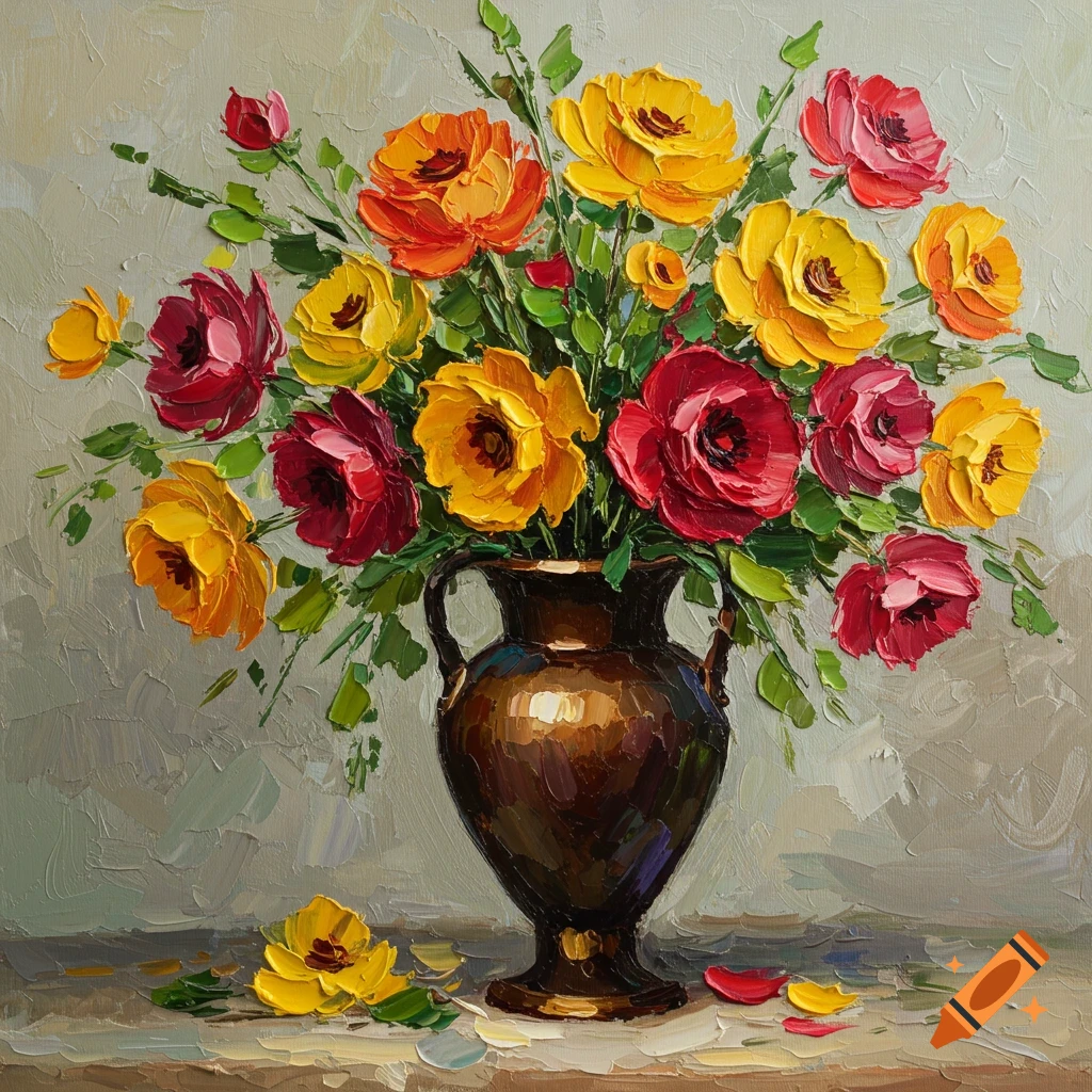 Vibrant oil painting of yellow, orange, and red flowers in a dark vase, rendered with thick impasto palette knife strokes.
