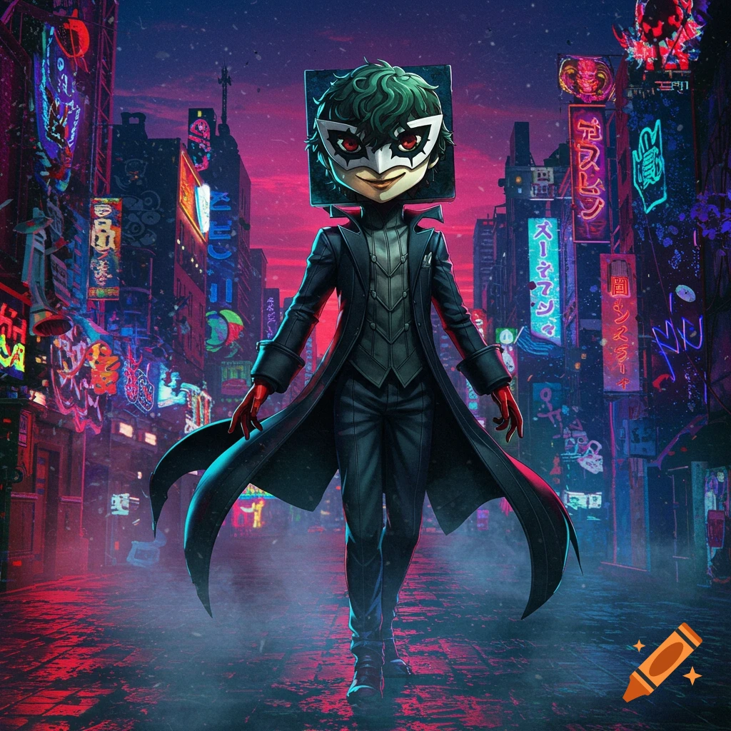 A stylized character resembling Joker from Persona 5, with a square head and a white mask, stands in a vibrant, neon-lit cyberpunk city street at dusk.