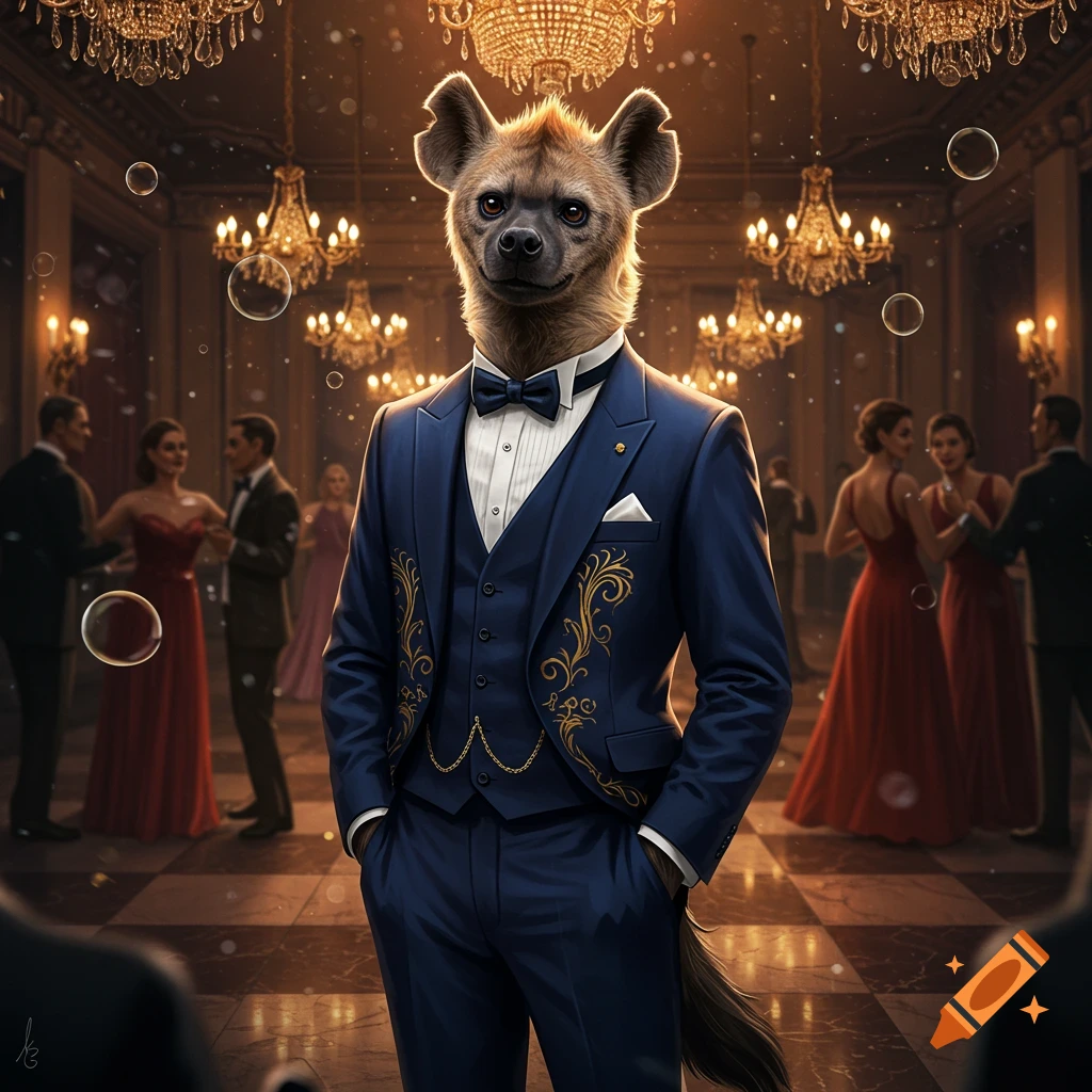 A photorealistic anthropomorphic hyena in a sharp blue suit with gold embroidery stands at a formal ballroom party with chandeliers.
