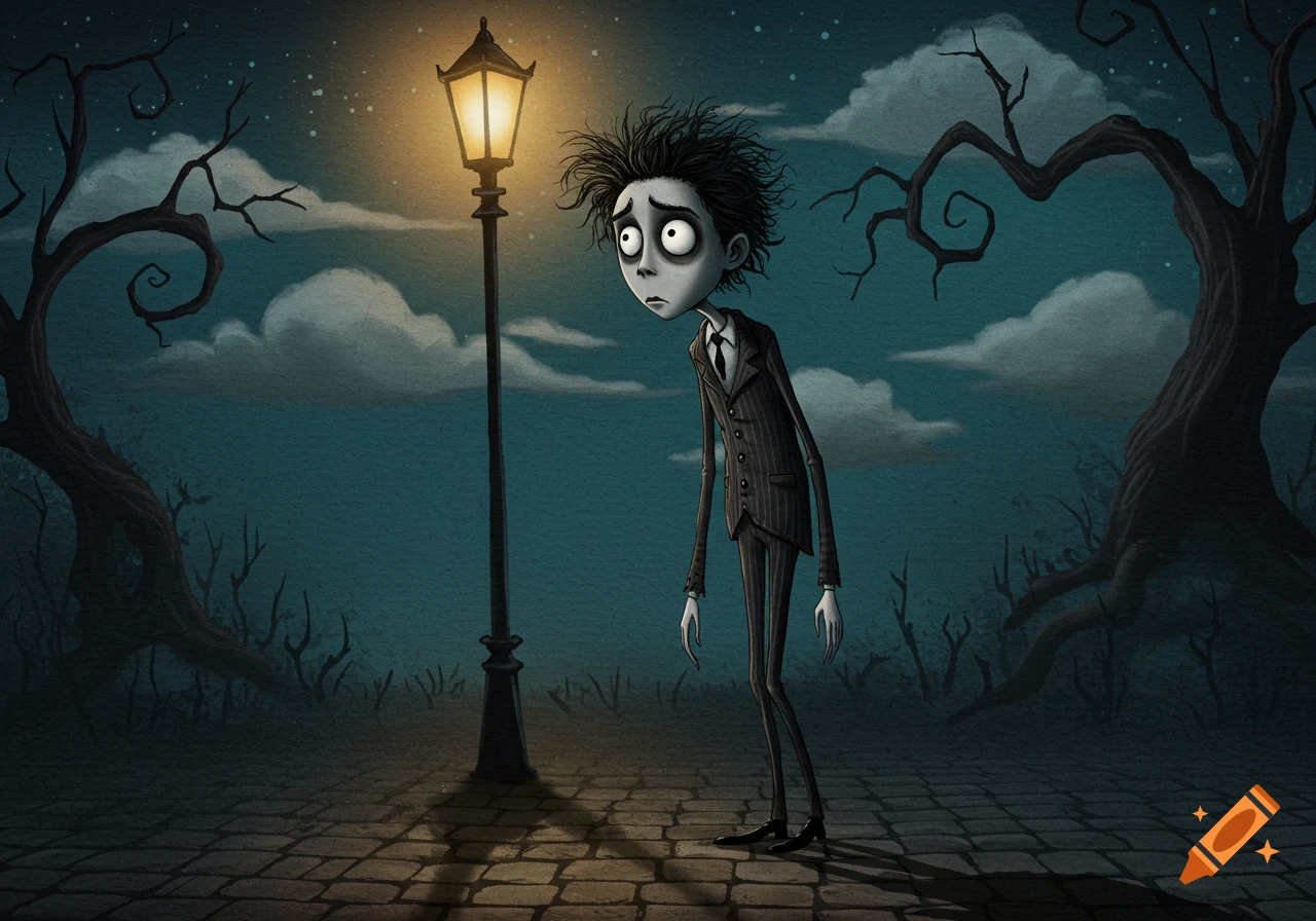 A pale, gaunt character in a pinstripe suit stands under a streetlamp at night, twisted trees in the background, in a Tim Burton-esque illustration.