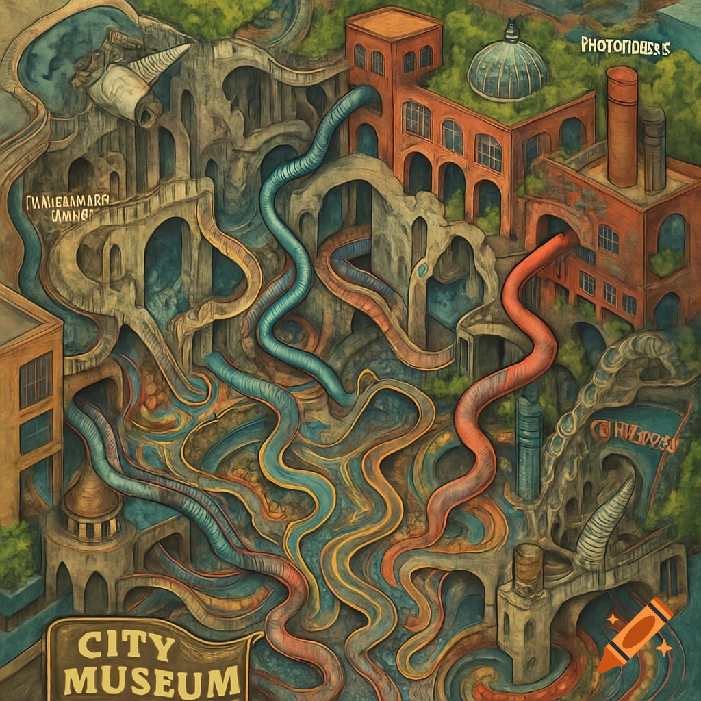 An intricate, stylized map with winding blue, red, and orange pipes or rivers, archways, and buildings with green roofs, resembling a fantastical city. A sign in the corner reads "CITY MUSEUM" while other text appears garbled.